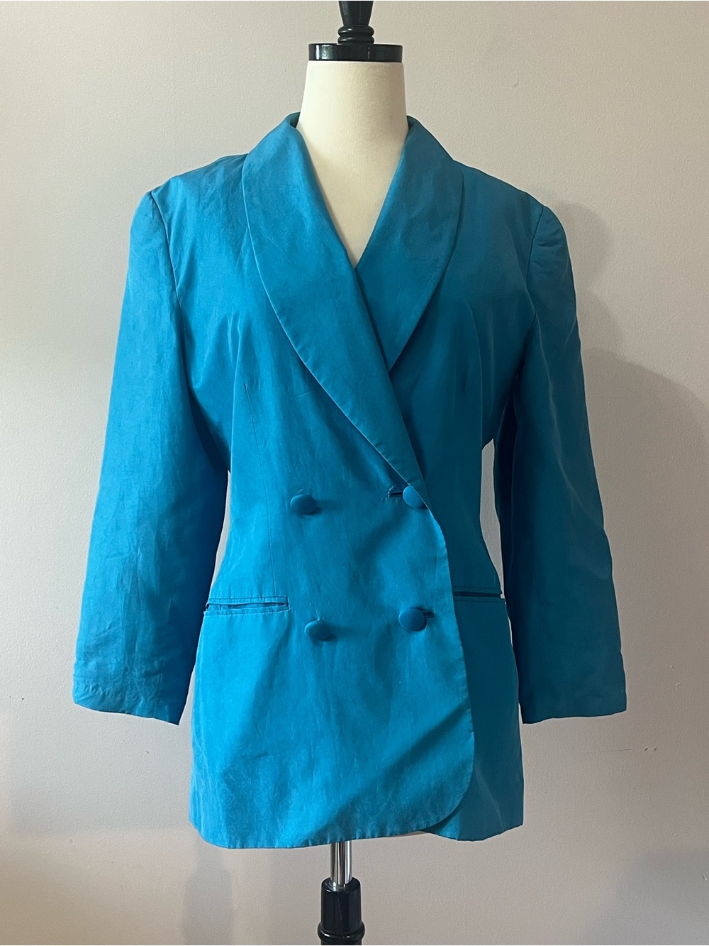 90s Vintage Silk Double Breasted Blazer in Ocean Blue